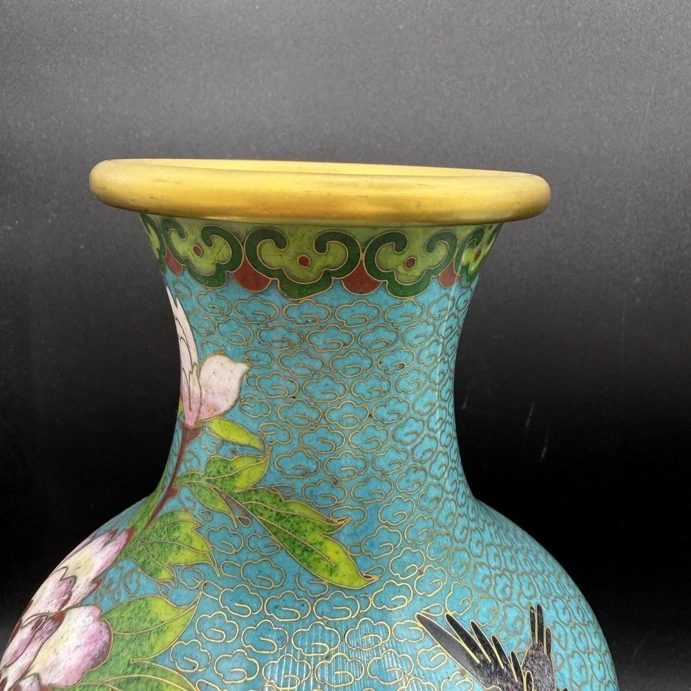 Vintage Chinese Teal Blue Cloisonne Enamel Brass Table Vases Pair Floral Birds - Picture 7 of 11